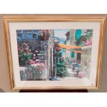 TWO LARGE COLOUR LITHOGRAPHS OF MEDITERRANEAN COASTAL VILLAGE in silver gilt frames 54cm x 74cm