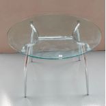 A MODERN GLASS AND CHROME CIRCULAR DINING TABLE. 74cm high x 110 cm dia