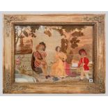 REGENCY SILK WORK PICTURE OF AMOROUS COUPLE AND ATTENDANT with hand painted faces and background