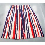 A PAIR OF BOLD RED BLUE AND WHITE STRIPED LINED CURTAINS 244cm drop x 65cm wide