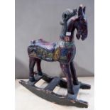 CARVED PAINTED HARDWOOD ROCKING HORSE,  acoustic guitar, tricycle, squash raquet, rounders bat and