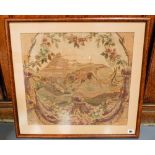 18th CENTURY FRAMED NEEDLEPOINT PANEL OF HUNTING HOUND AND HARE IN RURAL SETTING  44cm x 48.5cm