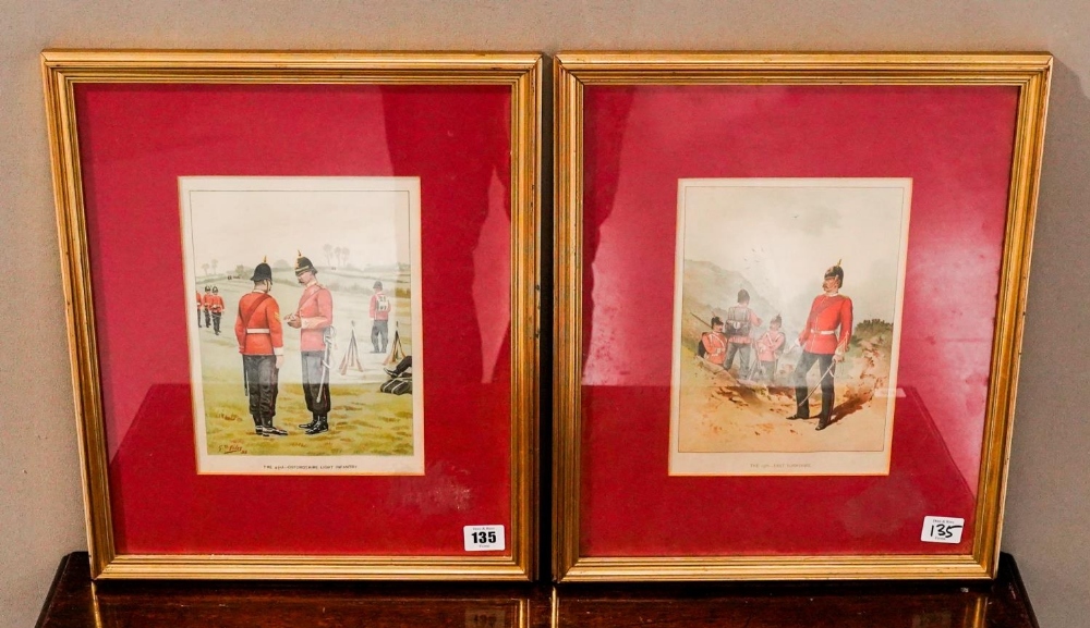 TWO PORTRAIT COLOUR LITHOGRAPHS OF GENTLEMEN and two regimental colour lithographs 50cm X 40cm 