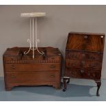 A SMALL GEORGE III STYLE MAHOGANY BUREAU  on cabriole legs, an oak dressing table (Mirror missing)