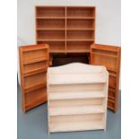 A PAIR OF LARGE MODERN ADJUSTABLE BOOKSHELVES, two smaller pine shelves and two other wooden