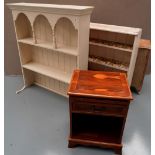 A PAINTED MODERN WALL SHELF WITH ARCADED TOP, a pine wall shelf, two pot cupboards and cream painted
