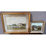 CHATEAU SCENE WATER COLOUR, STATELY HOME WATER COLOUR, oil painting of Branscombe, still life