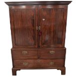 A GEORGE III MAHOGANY LINEN PRESS, with two doors over two short and one long drawer, the interior