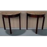 A PAIR OF MODERN DEMI-LUNE SIDE TABLES WITH GRANITE TOPS.  76 X 76 X 35 cms