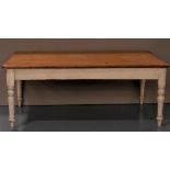 A VICTORIAN PINE FARMHOUSE KITCHEN TABLE the plank scrub top upon a painted base with turned legs