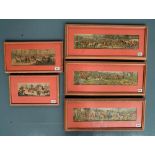 3 COLOUR LITHOGRAPHS OF HUNTING SCENES AND 2 COACHING SCENE LITHOGRAPHS, ALL IN LIMED OAK FRAMES 9cm