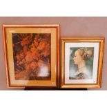 FRAMED STILL LIFE COLOUR LITHOGRAPH OF FLOWERS AND FRUIT, and portrait lithograph 56cm x 44cm