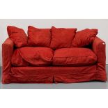 MODERN 3-SEAT RUST RED BROCADE UPHOLSTERED SOFA and matching 2-seat sofa with loose covers 71 x