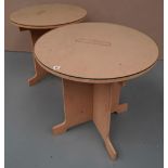 A  PAIR OF GLASS-TOPPED CHIP BOARD DECORATORS TABLES. 71 X 75 cms diam