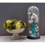 VICTORIAN FLORAL CENTREPIECE DISPLAY INSIDE A TURQUOISE GLASS VASE WITH A GLASS DOME DISPLAY COVER