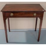 A GEORGE III MAHOGANY SINGLE DRAWER SIDE TABLE with slender tapering legs.  71 x 76 x 44 cms