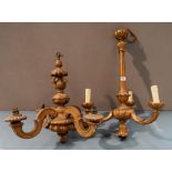 A GILDED CARVED CONTINENTAL STYLE WOODEN 4 BRANCH CENTRAL LIGHT FITTING and gilded wooden 3 branch