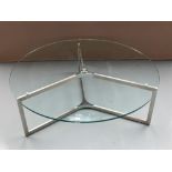 A MODERN CIRCULAR PLATE GLASS AND BRUSHED CHROME COFFEE TABLE 37cm high x 110cm dia