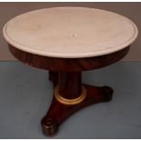 A FRENCH 19TH CENTURY MARBLE TOPPED MAHOGANY CENTRE TABLE, the circular cream top over a plain