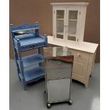 A MODERN MDF DESK, A SMALL WALL DISPLAY CABINET, a painted washstand and a metal and mirror glass