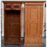 A MODERN STRIPPED PINE SINGLE DOOR WARDROBE WITH SINGLE DRAWER BASE and an Edwardian single door