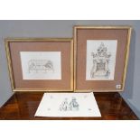 TWO MONOCHROME PRINTS OF ANTIQUE SOFA AND STATE BED and scrapbook page depicting crinoline ladies