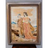 VICTORIAN FRAMED TAPESTRY PANEL OF LADY AND ATTENDANT IN DESERT LANDSCAPE 111cm x 80cm