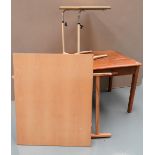 A 1950S OAK DESK, a modern drawing table and a bed table. 76 x 136 x 75 cms