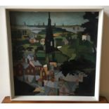 M. HEYWOOD (BRITISH 20TH CENTURY) TOWN VIEW WITH A CATHEDRAL oil on board, signed lower left, framed