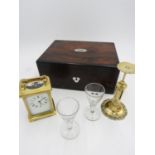 BRASS CARRIAGE CLOCK, BRASS SPRING POSTAL SCALE, PAIR OF 19th CENTURY GLASS LICQUER GLASSES AND