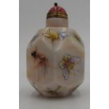 CHINESE FAMILLE ROSE ENAMEL DECORATED SNUFF BOTTLE 20TH CENTURY the facetted sides painted with