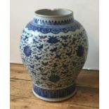 LARGE BLUE AND WHITE GLAZED BOLSTER VASE