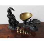 CAST-IRON 'MR PUNCH' DOOR STOP (32cm high) AND 20th CENTURY WEIGHING SCALES, with brass pan and 7