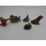 FIVE CHINESE PORCELAIN SNUFF BOTTLES 20TH CENTURY modelled as a cat, a dog, a fish, a monkey and a