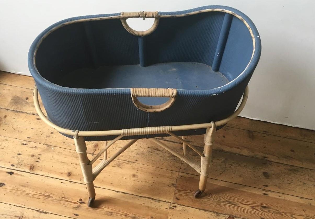 VINTAGE BLUE PAINTED LOOM COT ON RATTAN STAND, with 4 casters 78 x 43 x 83cms - Image 2 of 2