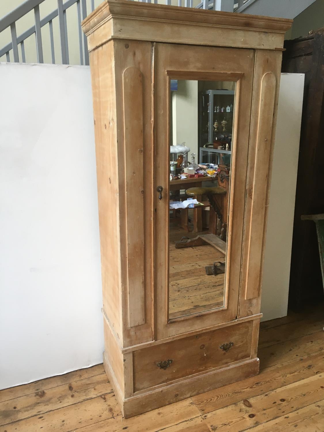 19th CENTURY WAXED PINE SINGLE WARDROBE WITH MIRROR FRONT DOOR AND LINEN DRAWER 202 x 89 x 47cm