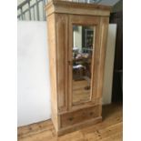 19th CENTURY WAXED PINE SINGLE WARDROBE WITH MIRROR FRONT DOOR AND LINEN DRAWER 202 x 89 x 47cm