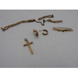 A 9CT GOLD CRUCIFIX AND A PAIR OF 9CT GOLD HOOP EARRINGS, a damaged 9ct gold brooch and a damaged