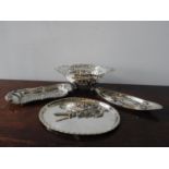 A SILVER PLATED PIERCED SWEET BASKET, FLORAL DECORATED PLATED TRAY AND TWO PAIRS OF SILVER PLATE