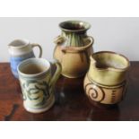 SIGNED STUDIO POTTERY TANKARD, TWO STUDIO POTTERY JUGS AND VASE