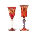 A MURANO GOBLET the red bowl with gilt trellis and enamelled decoration and hollow gold-splash