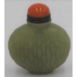 CHINESE CELADON JADE 'BASKETWEAVE' SNUFF BOTTLE 20TH CENTURY with a hardstone stopper 6.5cm high