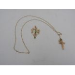 9CT GOLD PERIDOT AND SEED PEARL SET PENDANT AND 9CT GOLD CRUCIFIX ON 9CT GOLD CHAIN (4 grams)