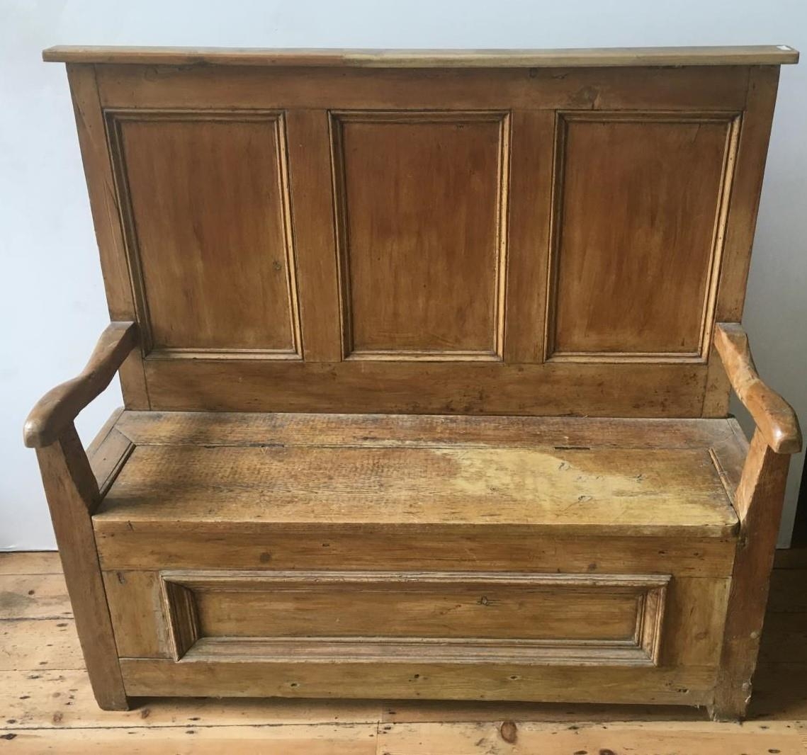 19th CENTURY WAXED PINE PANELLED SETTLE, with lift top seat with storage below 136 x 150 x 53cm - Image 2 of 2