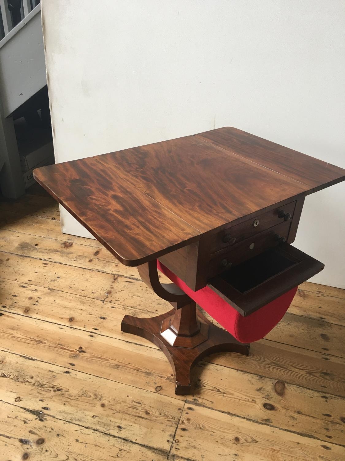 VICTORIAN MAHOGANY PEDESTAL DROP-LEAF SEWING TABLE, with two drawers and pull out storage - Image 2 of 2