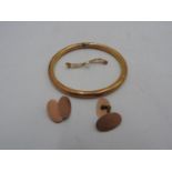 PAIR OF 9CT GOLD CUFFLINKS AND A 9CT GOLD SEED PEARL SET BAR BROOCH, with a gold covered bangle