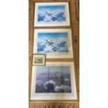 THREE BATTLE OF BRITAIN COLOUR LITHOGRAPHS SIGNED BY DOUGLAS BADER, JOHNNIE JOHNSON AND LEONARD