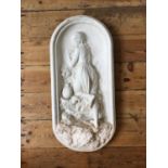 A PLASTER WALL HANGING GARDEN PLAQUE DEPICTING GRECIAN MAIDEN, 78cm high