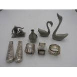 MALAYSIAN PEWTER GROUP FIGURE, PEWTER SWAN FIGURES AND VASE, 2 continental silver handles,