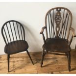 5 SPINDLE BACK STRETCHER BAR DINING CHAIRS AND WHEEL BACK CARVER CHAIR